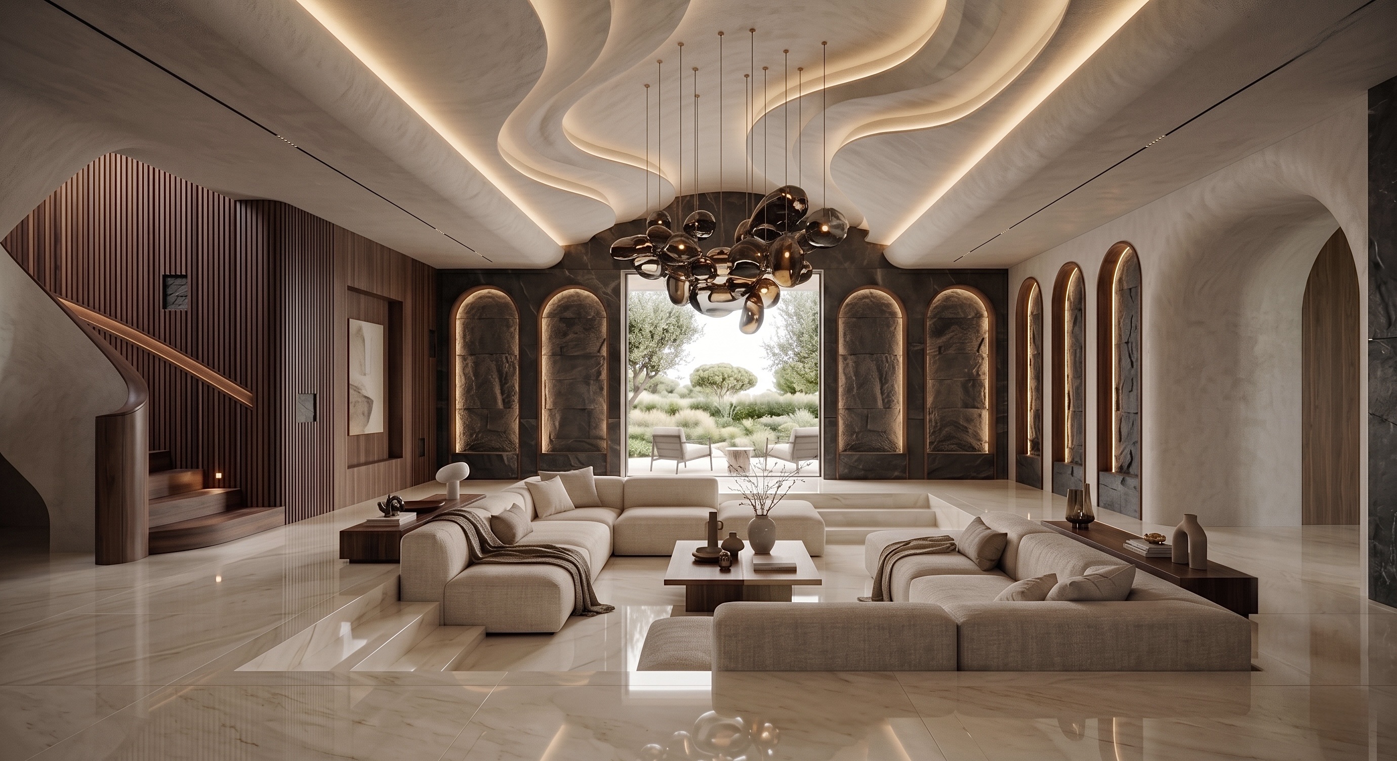 Sculptural Living Room Designed with Italian Marble Precision